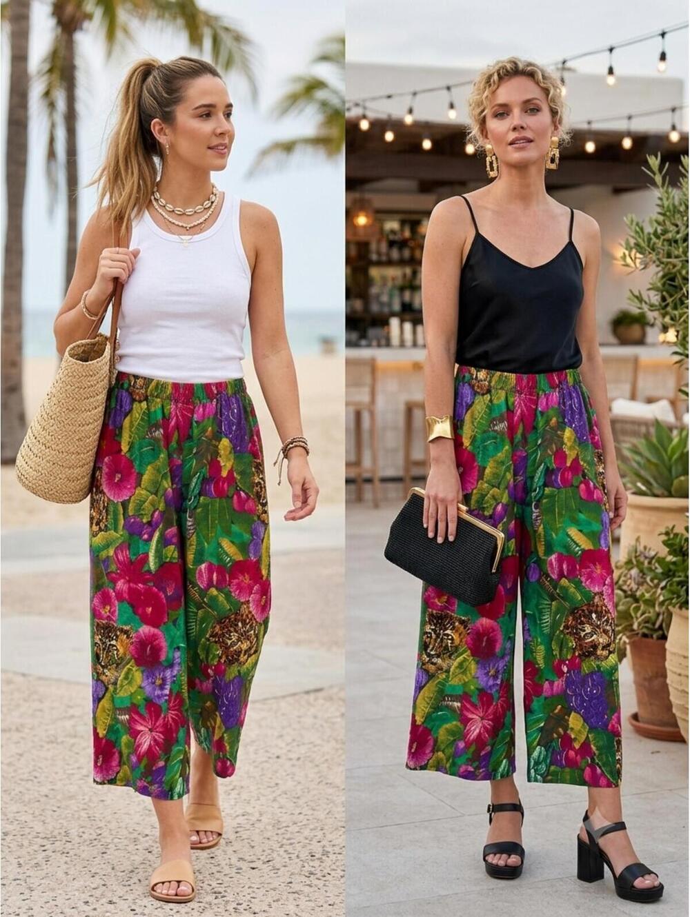 Tropical Floral Tiger Print Wide-Leg Crop Pants